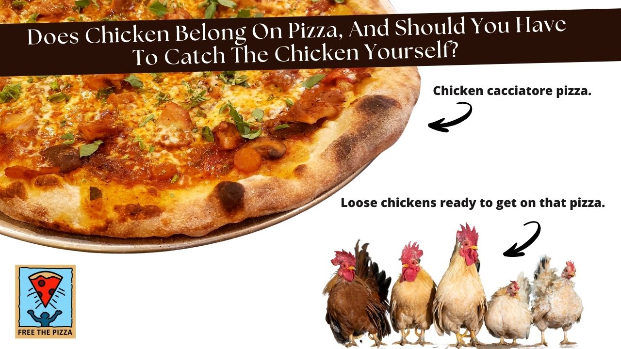Chicken pizza and live chickens