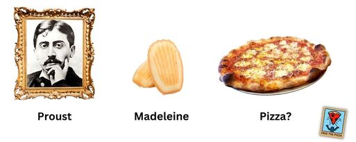 a photo of proust, a madeleine and a pizza
