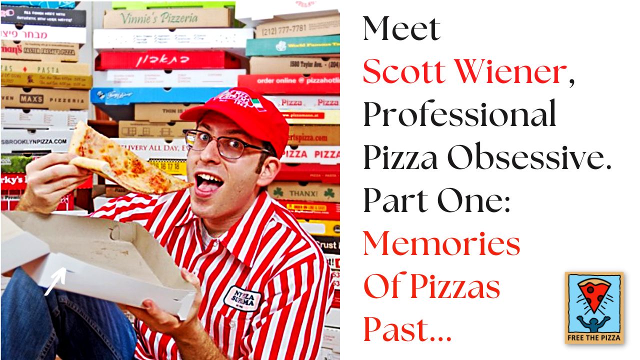 Scott Wiener eating a slice of pizza in front of pizza boxes